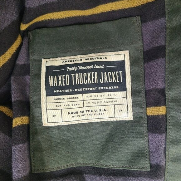 Flint And Tinder Mens XL Flannel Lined Waxed Trucker Jacket Green Workwear - Picture 7 of 9